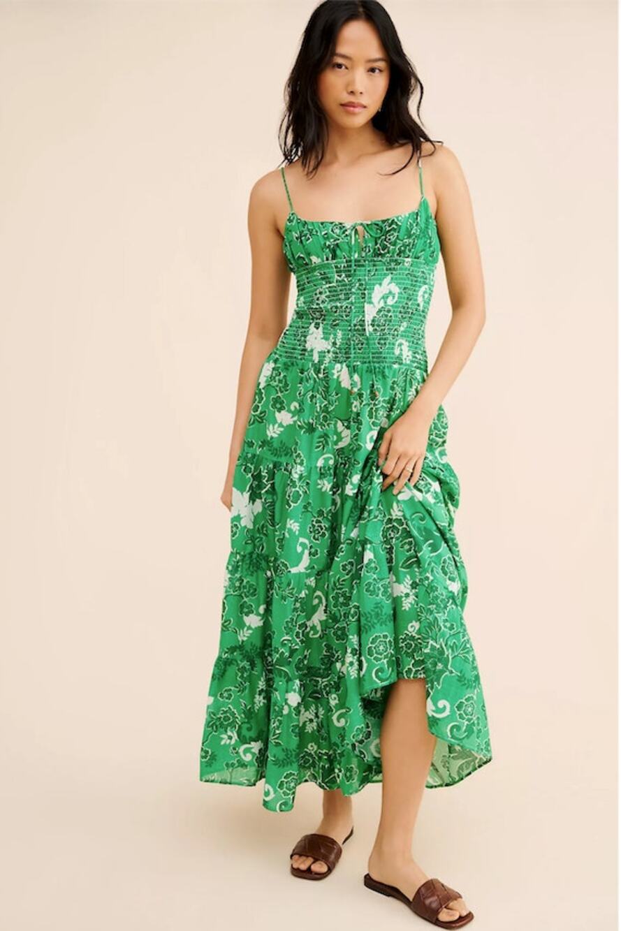 Anthropologie Smocked Drop Waist Cotton Maxi Dress Green Size M